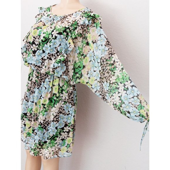 H&M Spring Summer Floral Flowy Chiffon Ruffle Trim Dolman Sleeves Dress M Green - Picture 4 of 14